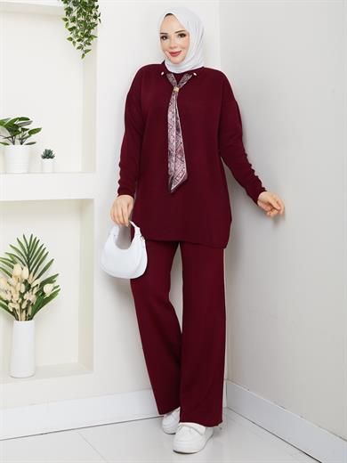Kadın Bordo Fular Detaylı İkili Tesettür Triko Takım - Tunik Pantolon Kombini
