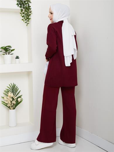 Kadın Bordo Fular Detaylı İkili Tesettür Triko Takım - Tunik Pantolon Kombini