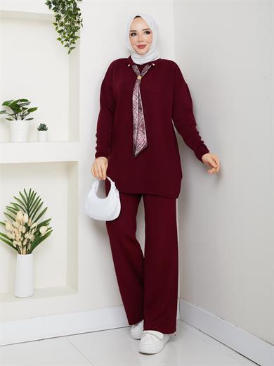 Kadın Bordo Fular Detaylı İkili Tesettür Triko Takım - Tunik Pantolon Kombini