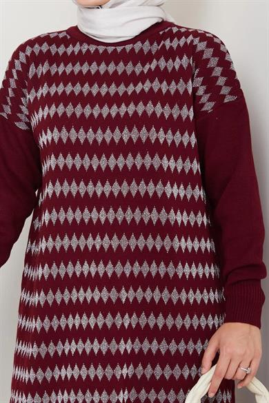 Kadın Bordo Triko Kazak – Geometrik Simli Desenli Salaş Model