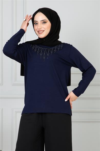 Kadın Büyük Beden Mavi Anne Penye Bluz