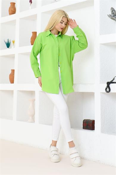 Kadın Düz Renk Keten Rahat Kesim Oversize Uzun Basic Gömlek