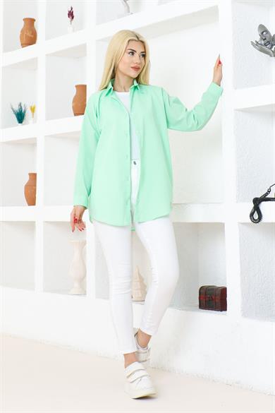 Kadın Düz Renk Keten Rahat Kesim Oversize Uzun Basic Gömlek
