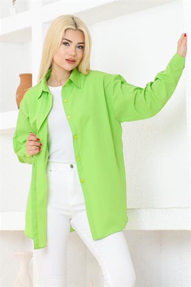 Kadın Düz Renk Keten Rahat Kesim Oversize Uzun Basic Gömlek