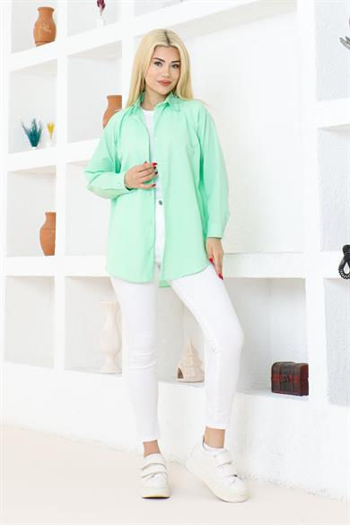 Kadın Düz Renk Keten Rahat Kesim Oversize Uzun Basic Gömlek