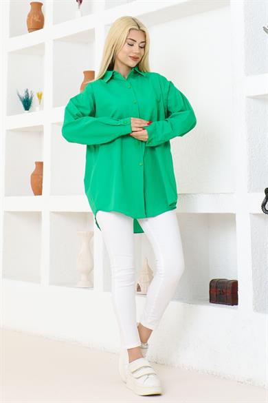 Kadın Düz Renk Keten Rahat Kesim Oversize Uzun Basic Gömlek