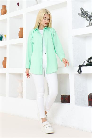 Kadın Düz Renk Keten Rahat Kesim Oversize Uzun Basic Gömlek