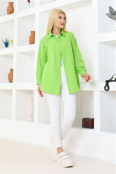 Kadın Düz Renk Keten Rahat Kesim Oversize Uzun Basic Gömlek