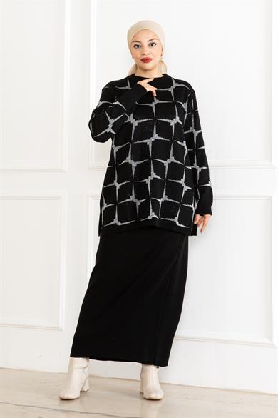KADIN ETEK-KAZAK SİYAH TRİKO TAKIM LASTİKLİ BEL RAHAT KALIP UZUN TESETTÜR TRİKO ETEK- KAZAK