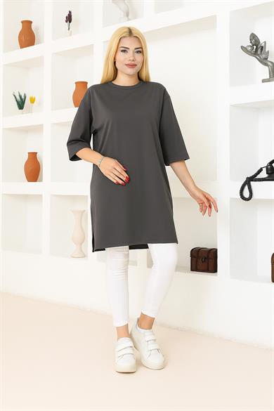 Kadın Füme Oversize Tunik Tişört – Yarım Kollu, Yuvarlak Yaka, Rahat Kesim