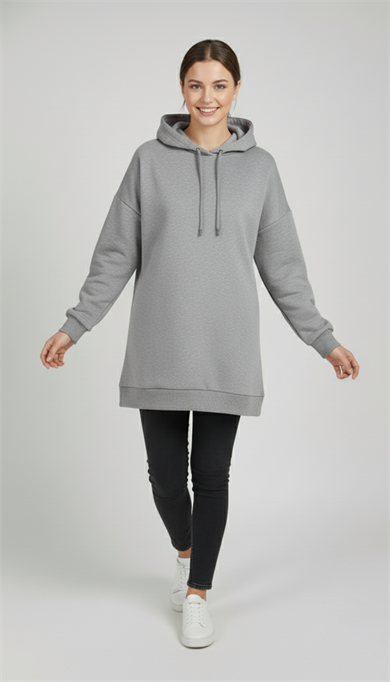 Kadın Gri Basic Oversize Kapüşonlu Çan Model Sweatshirt