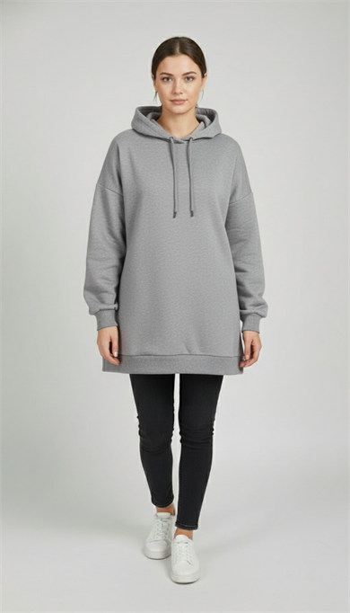 Kadın Gri Basic Oversize Kapüşonlu Çan Model Sweatshirt