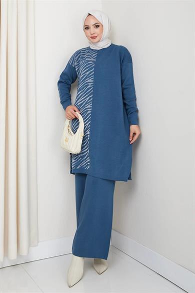 Kadın İndigo Mavi Zebra Desenli Triko Tunik – Uzun Kol Rahat Kalıp