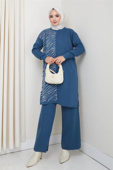 Kadın İndigo Mavi Zebra Desenli Triko Tunik – Uzun Kol Rahat Kalıp