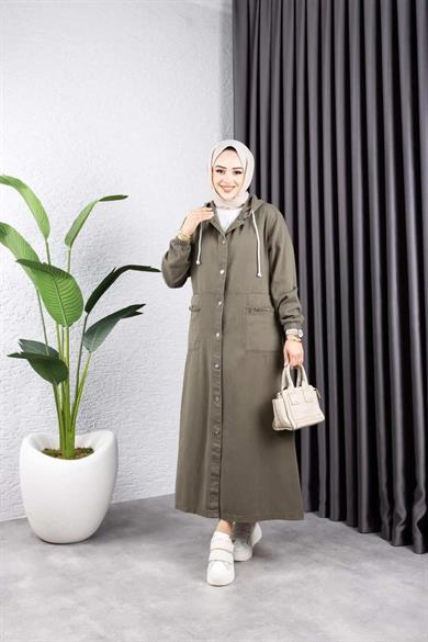 Kadın Haki Kapüşonlu Cepli Püsküllü Düğmeli Kot Kap