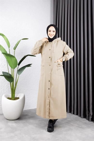 Kadın Bej Kapüşonlu Cepli Püsküllü Düğmeli Kot Kap