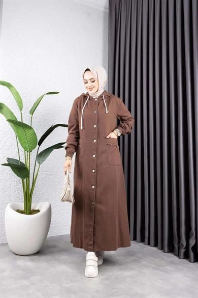 Kadın Kahverengi Kapüşonlu Cepli Püsküllü Düğmeli Kot Kap