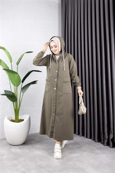 Kadın Haki Kapüşonlu Cepli Püsküllü Düğmeli Kot Kap