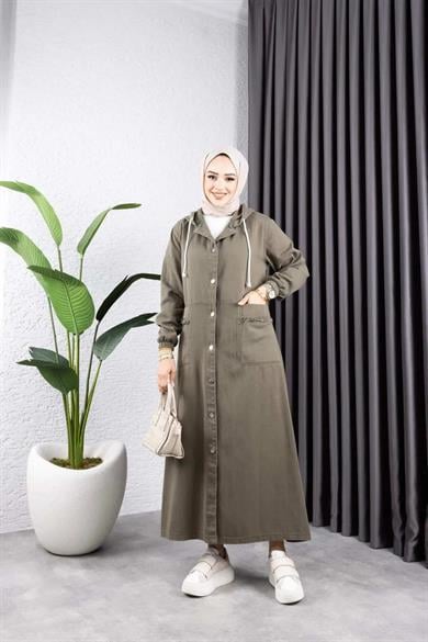 Kadın Haki Kapüşonlu Cepli Püsküllü Düğmeli Kot Kap