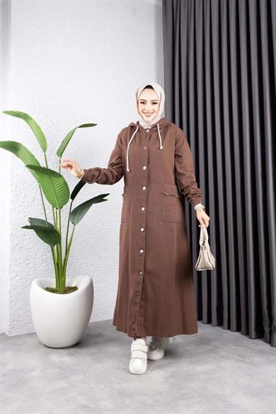 Kadın Kahverengi Kapüşonlu Cepli Püsküllü Düğmeli Kot Kap