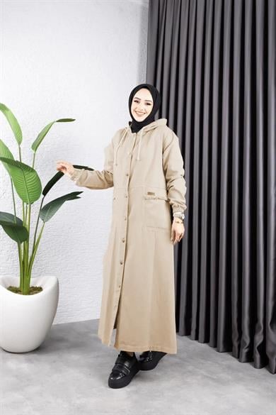 Kadın Bej Kapüşonlu Cepli Püsküllü Düğmeli Kot Kap