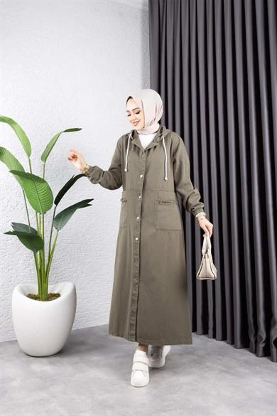 Kadın Haki Kapüşonlu Cepli Püsküllü Düğmeli Kot Kap