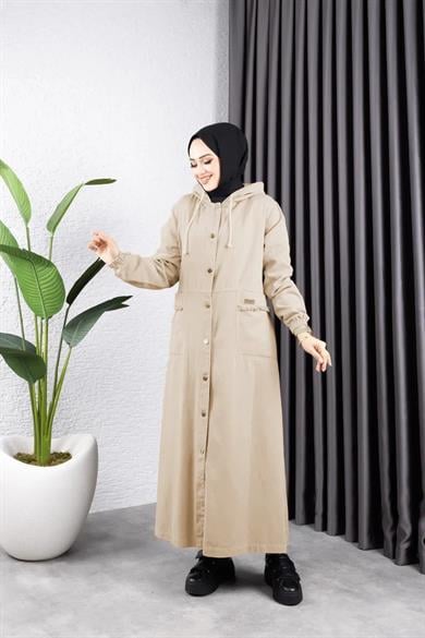 Kadın Bej Kapüşonlu Cepli Püsküllü Düğmeli Kot Kap