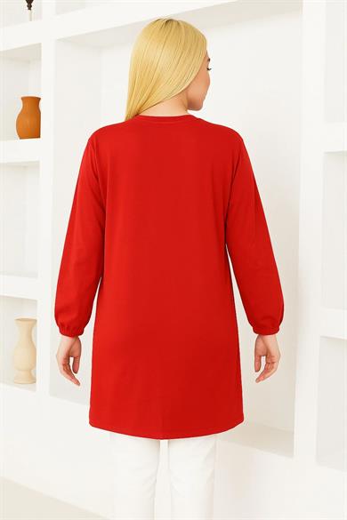 Kadın Kırmızı Oversize Çiçek Desenli Tunik Tişört – Uzun Kollu, Yuvarlak Yaka, Rahat Kesim