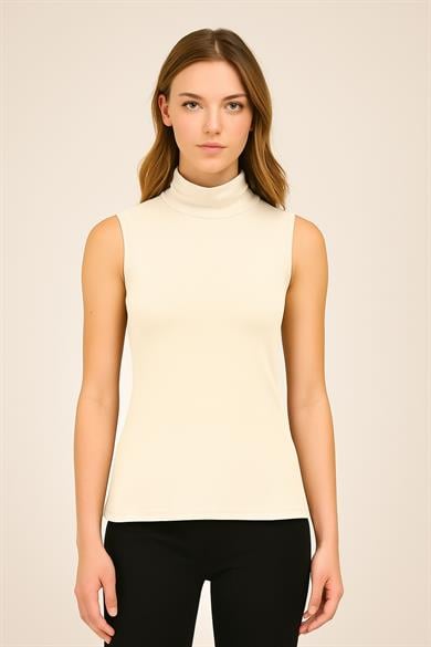 Kadın Kolsuz Boğazlı Krem Penye Bluz - Slim Fit Basic Body