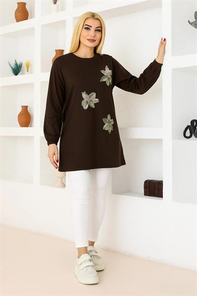 Kadın Koyu Kahve Oversize Çiçek Desenli Tunik Tişört – Uzun Kollu, Yuvarlak Yaka, Rahat Kesim