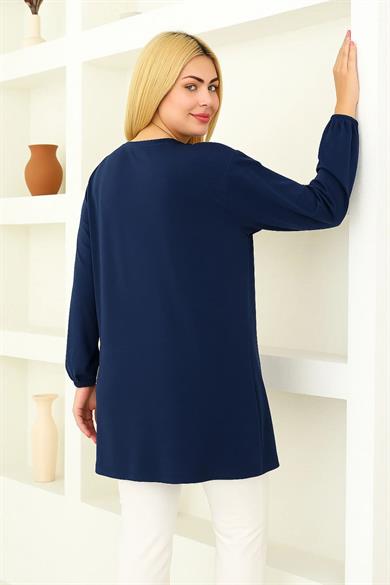 Kadın Koyu Mavi Oversize Çiçek Desenli Tunik Tişört – Uzun Kollu, Yuvarlak Yaka, Rahat Kesim