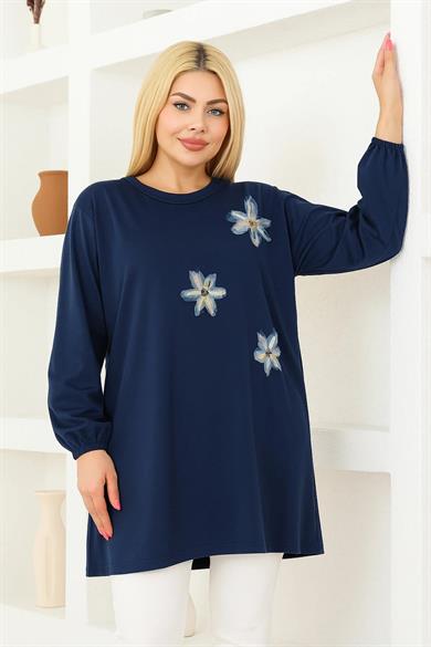 Kadın Koyu Mavi Oversize Çiçek Desenli Tunik Tişört – Uzun Kollu, Yuvarlak Yaka, Rahat Kesim