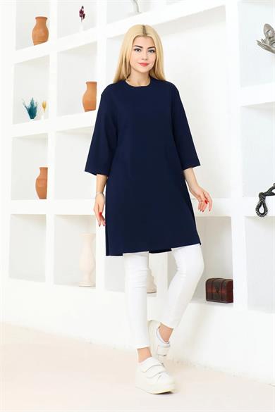 Kadın Lacivert Oversize Tunik Tişört – Yarım Kollu, Yuvarlak Yaka, Rahat Kesim