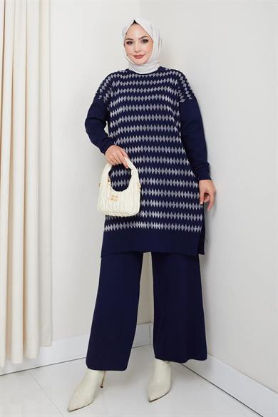 Kadın Lacivert Triko Kazak – Geometrik Simli Desenli Salaş Model
