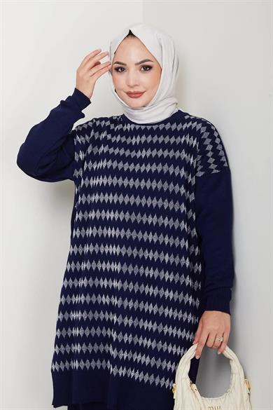 Kadın Lacivert Triko Kazak – Geometrik Simli Desenli Salaş Model