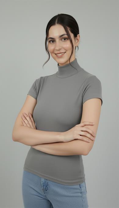 Kadın Likralı Esnek Yarım Balıkçı Kısa Kollu Gri Badi