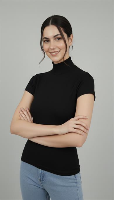 Kadın Likralı Esnek Yarım Balıkçı Kısa Kollu Siyah Badi