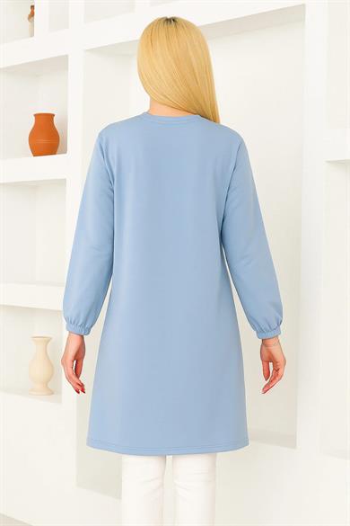 Kadın Mavi Oversize Çiçek Desenli Tunik Tişört – Uzun Kollu, Yuvarlak Yaka, Rahat Kesim