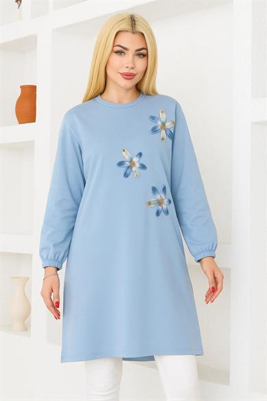 Kadın Mavi Oversize Çiçek Desenli Tunik Tişört – Uzun Kollu, Yuvarlak Yaka, Rahat Kesim
