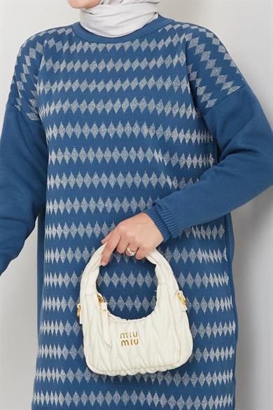 Kadın Mavi Triko Kazak – Geometrik Simli Desenli Salaş Model