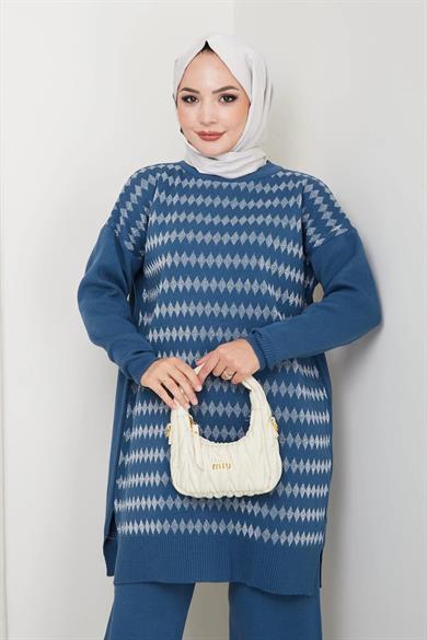 Kadın Mavi Triko Kazak – Geometrik Simli Desenli Salaş Model