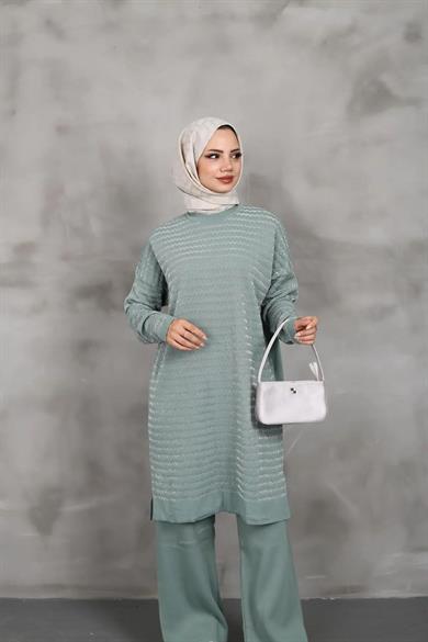 KADIN MODEST YAN ÇİZGİ DESENLİ SİMLİ SU YEŞİLİ TRİKO TUNİK