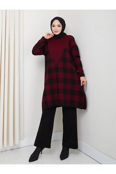 Kadın Modest Tesettür Kareli Desen Uzun Kol Triko Tunik