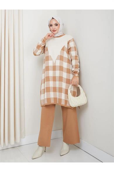 Kadın Modest Tesettür Kareli Desen Uzun Kol Triko Tunik