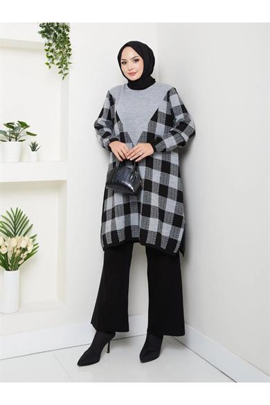 Kadın Modest Tesettür Kareli Desen Uzun Kol Triko Tunik