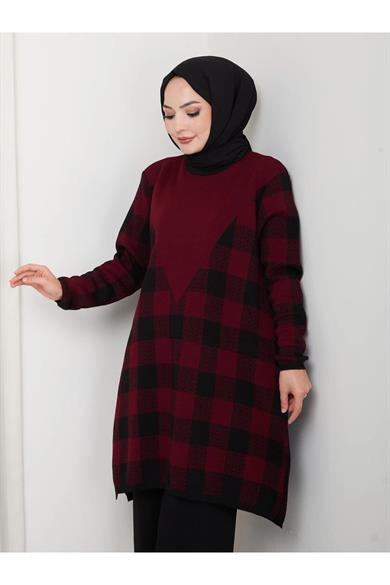 Kadın Modest Tesettür Kareli Desen Uzun Kol Triko Tunik