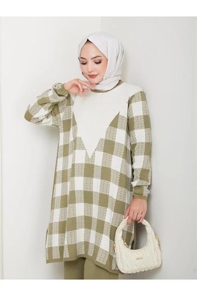 Kadın Modest Tesettür Kareli Desen Uzun Kol Triko Tunik