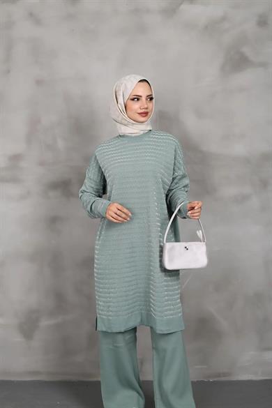 KADIN MODEST YAN ÇİZGİ DESENLİ SİMLİ TRİKO TUNİK PANTOLON 2Lİ ALT-ÜST TAKIM