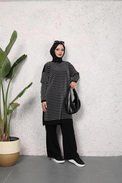KADIN MODEST YAN ÇİZGİ DESENLİ SİMLİ TRİKO TUNİK PANTOLON 2Lİ ALT-ÜST TAKIM