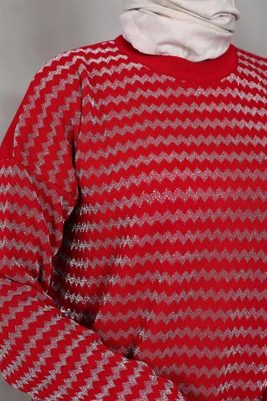 KADIN MODEST YAN ÇİZGİ DESENLİ SİMLİ TRİKO TUNİK PANTOLON 2Lİ ALT-ÜST TAKIM